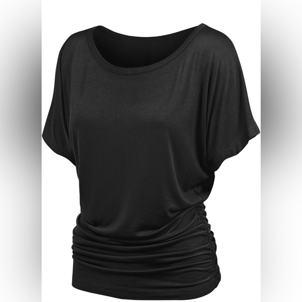 Casual Solid Short Sleeve Boat Neck Dolman Top with Side Shirring -black